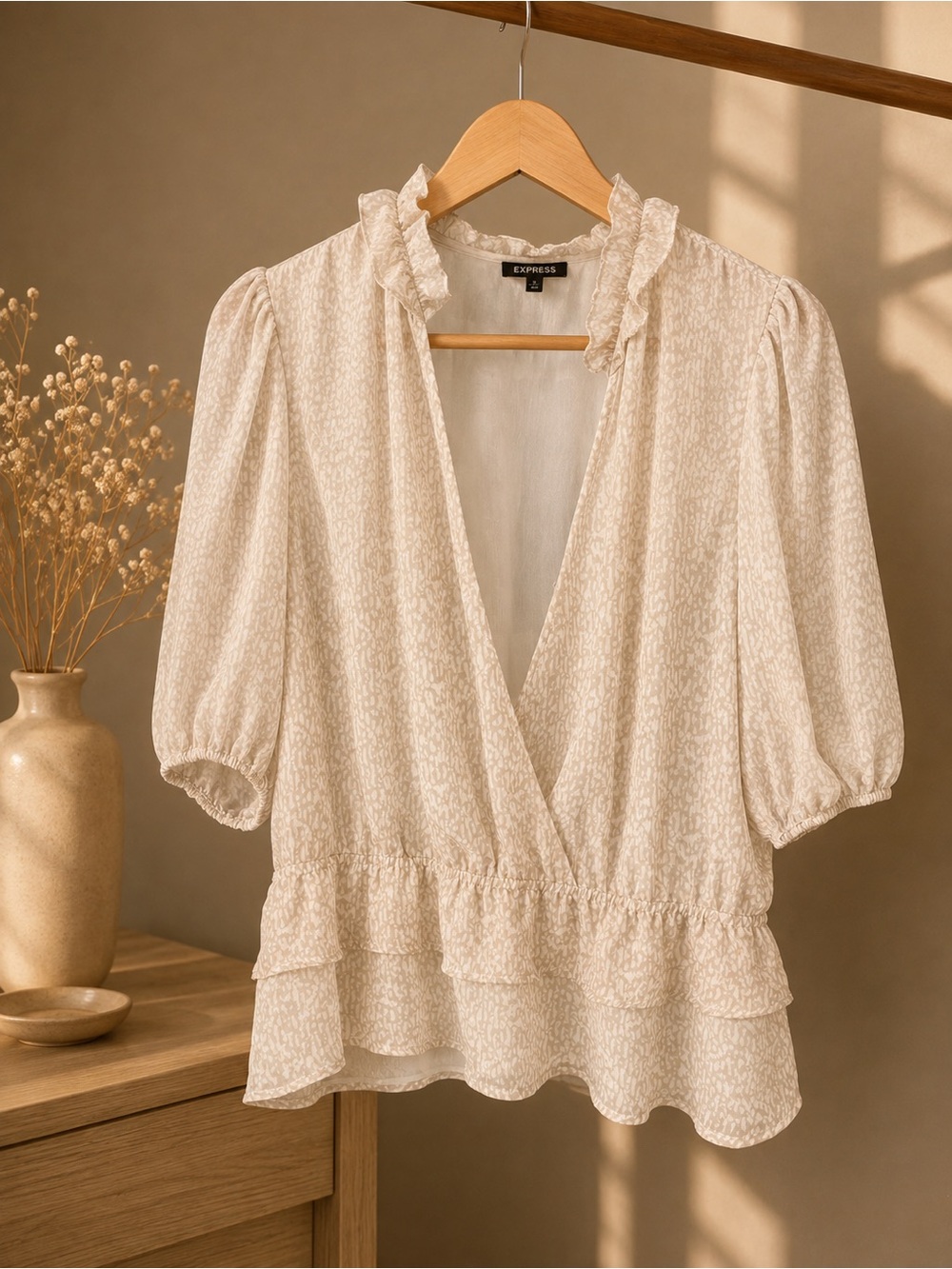 Express Cream Textured Ruffle V-Neck Blouse